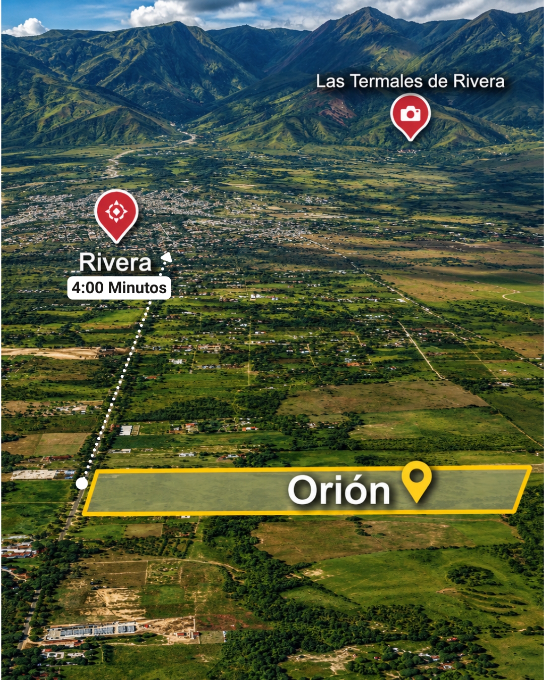 Vista aérea del valle de Rivera, Huila con distancias a Rivera y Las Termales